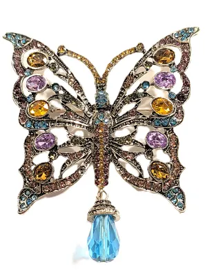 **NEW ARRIVAL** Beautiful Large Vintage-Style Bejeweled BUTTERFLY BROOCH (3¾" x 2¾") with Multicolor Oval Stones and Blue...