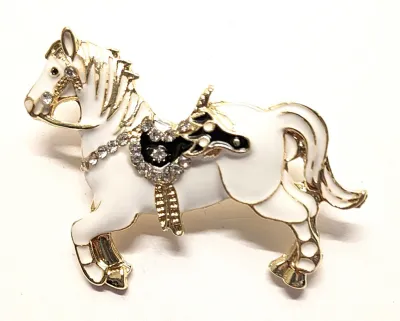 **NEW ARRIVAL** Ceramic-Style Jeweled WHITE HORSE & BLACK SADDLE BROOCH (1¾" x 1¼") on a Gold Tone Setting