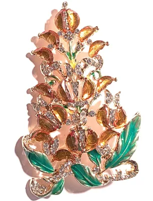 **NEW ARRIVAL** Large Jeweled AMBER GLASS STONES TREE BROOCH (3½" x 2¼") with Green Enamel Leaves on a Gold Tone Setting