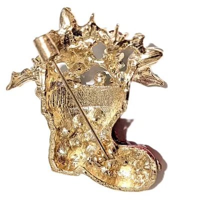 **NEW ARRIVAL** Jeweled "SANTA'S RED BOOT" BROOCH (1½" x 1¼") with Bouquet of Enameled Green Leaves &...