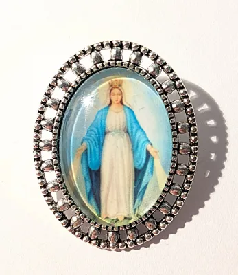 **NEW ARRIVAL** Oval "Blessed Mary" BROOCH (1¼" x 1") on a Silver Tone Setting