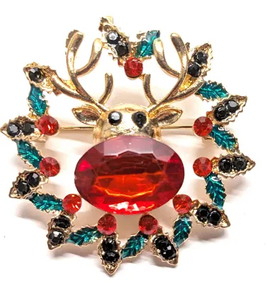 **NEW ARRIVAL** Jeweled "DEER-FACE HOLIDAY WREATH" BROOCH (1¾" Diam.) with Large Red Beveled Glas Stone Center on a Gold...
