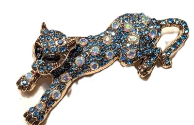 **NEW ARRIVAL** BLUE EXOTIC CAT BROOCH (2¾" x 1½") with Spotted Iridescent Stones, Black Eyes and Gold Paws on a Gold Tone Setting