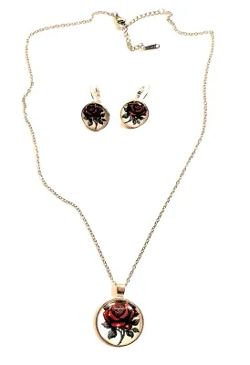 *** NEW ARRIVAL *** Round "RED ROSE WINDOW" JEWELRY SET with NECKLACE (18" L + PENDANT + Marked "S. Steel" +...