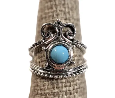 **NEW ARRIVAL** Size 8¼ BLUE Round TURQUISE SMALL STONE RING with "Curled Crown-Style" Dotted Surround Band on a Silver Tone...