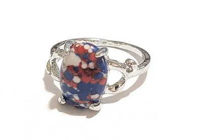 **NEW ARRIVAL** Size 9 RED, WHITE & BLUE "Mottled" Oval Cabochon 4-Prong Stone RING with Up/Down Band "KNOBS" on...