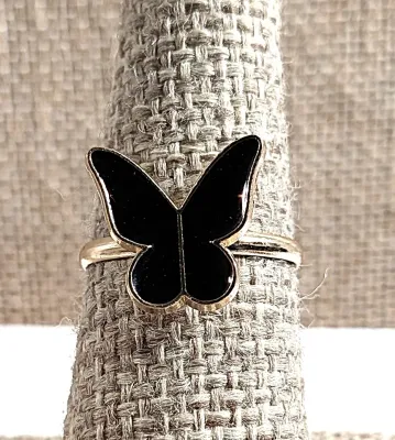 **NEW ARRIVAL** Size 7¼ Delicate BLACK BUTTERFLY RING with Gold Edged Enamel Butterfly on an ADJUSTABLE SPLIT BAND on a Gold Tone Band...