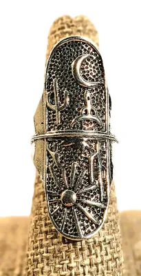 **NEW ARRIVAL** Size 6½ All Silver "Engraved" Colored Long Metal RING with Sun, Moon, Cactus and Trident on a Silver Tone...