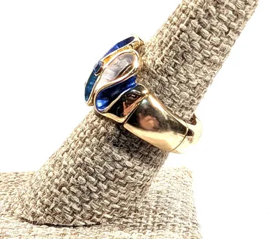 **NEW ARRIVAL** Size 8-10 Jeweled BLUE & GOLD "WAVES" RING with Blue Accent Stones + Enamel Insert on an ADJUSTABLE STRETCH...