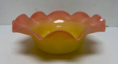 Sale Photo Thumbnail #27: Very good condition, possibly from Mt. Washington or Webb. Features an ombre or amberina-style color gradient from yellow to orange/red.  Approx. 9.5" across.