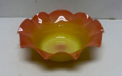 Sale Photo Thumbnail #26: Very good condition, possibly from Mt. Washington or Webb. Features an ombre or amberina-style color gradient from yellow to orange/red.  Approx. 9.5" across.