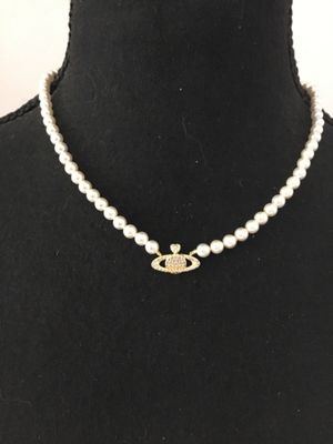 Cute, faux, pearl glass bead, rhinestone, Saturn, planet, necklace