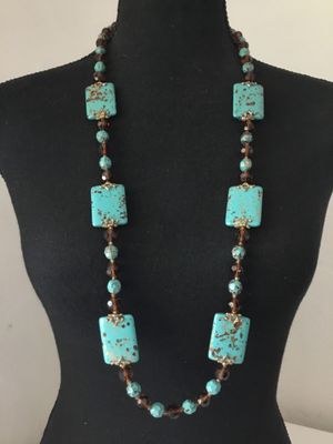 Vintage Joan Rivers faux turquoise rectangular beads faceted, brown topaz, beads statement, necklace