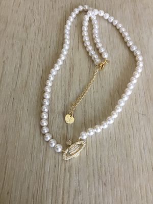 Cute, faux, pearl glass bead, rhinestone, Saturn, planet, necklace