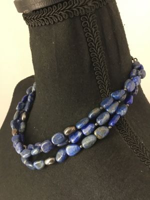 Beautiful, three strand lapis bead and silver bead and clasp necklace