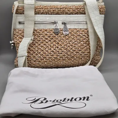LOT 158: Brighton Woven Straw Shoulder Bag Featuring White Croc-embossed Leather Trim