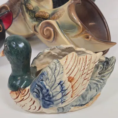 LOT 46: Vintage Hand-painted Ceramic Mallard Duck Planter Made in Occupied Japan, Hull Art Pottery Parchment & Pine Cornucopia Vase...