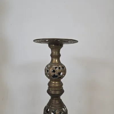 LOT 70: 2 Vintage Filigree Brass Candlestick Holders/ 33" & 17" and Baroque-style Brass Altar Candlestick/ 23"
