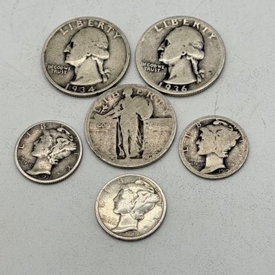 LOT 170: Vintage / Antique US Coins - Standing Liberty and 1930s Washington Quarters + Mercury Dimes - 90% Silver