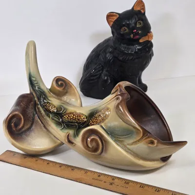 LOT 46: Vintage Hand-painted Ceramic Mallard Duck Planter Made in Occupied Japan, Hull Art Pottery Parchment & Pine Cornucopia Vase...