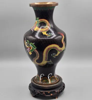 LOT 124: Vintage Chinese Cloisonne Enamel Vase on a Carved Wooden Display Stand
