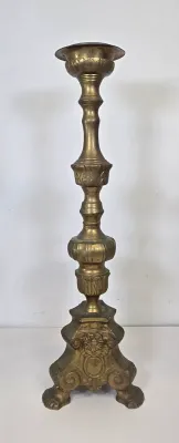LOT 70: 2 Vintage Filigree Brass Candlestick Holders/ 33" & 17" and Baroque-style Brass Altar Candlestick/ 23"