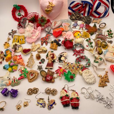 LOT 84: Big Lot of Holiday Pins, Earrings and More