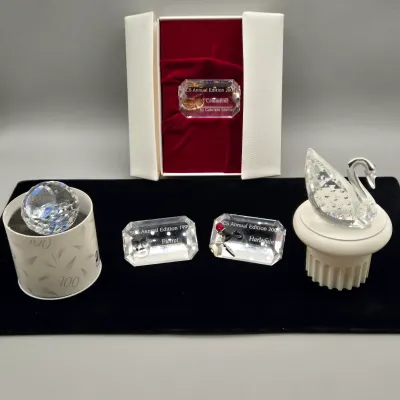 LOT 139: Vintage Swarovski SCS Crystal Ball Paperweight w/Original Box, 2000 Annual Edition Columbine Plaque in Original Box, Centenary...