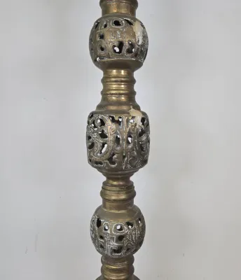 LOT 70: 2 Vintage Filigree Brass Candlestick Holders/ 33" & 17" and Baroque-style Brass Altar Candlestick/ 23"