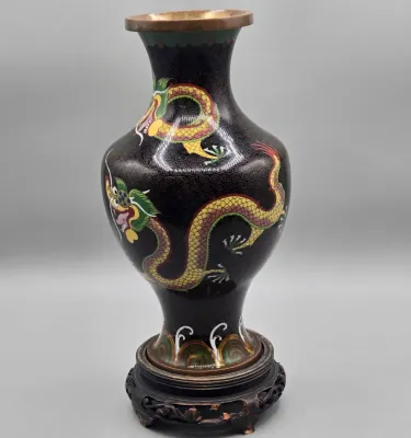 LOT 124: Vintage Chinese Cloisonne Enamel Vase on a Carved Wooden Display Stand