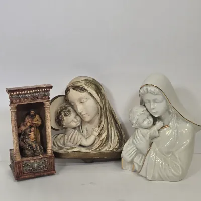 LOT 50: Holy Family Music Box Figurine, Vintage Mikasa Holiday Elegance Madonna and Child Porcelain Figurine, and Madonna and Child Wall...