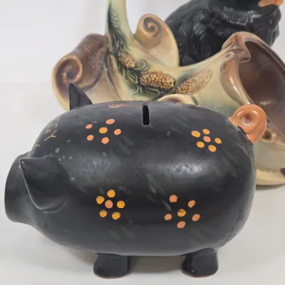 LOT 46: Vintage Hand-painted Ceramic Mallard Duck Planter Made in Occupied Japan, Hull Art Pottery Parchment & Pine Cornucopia Vase...