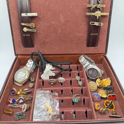 LOT 97: Vintage Men's Jewelry Collection - Watches, Tie Clips, Pins and More - in Case