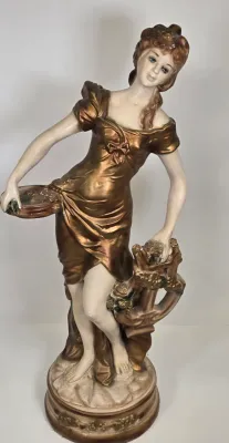 LOT 64: Vintage Figural Sculpture and Pedestal Stand in the Art Nouveau Style / Figurine is 27" Tall and Stand is 25" Tall