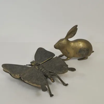 LOT 48: Vintage Mid-Century Italian Brass Butterfly Trinket Box and Brass Rabbit Figurine and Paperweight