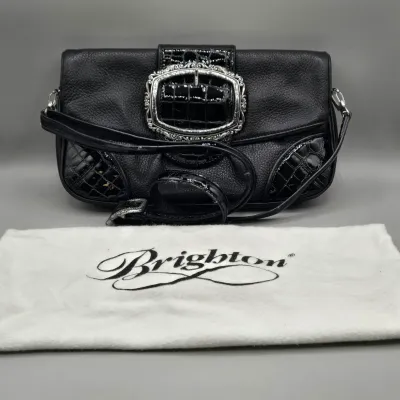 LOT 149: Brighton Black Pebbled Leather Fold-over Handbag