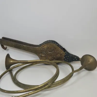 LOT 58: 2 Vintage Coiled Brass Hunting Horns and Fireplace Bellows Crafted from Wood and Brass