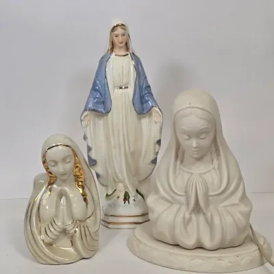 LOT 49: Ceramic Madonna Planter Figurine, Praying Mary Lamp, and Our Lady of Grace Figurine
