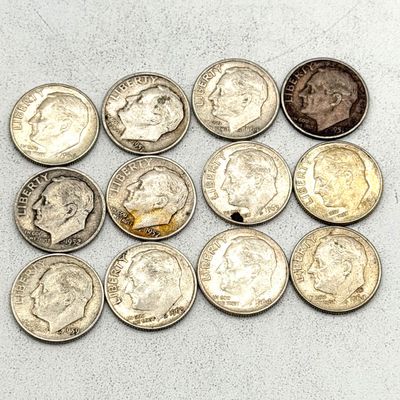 LOT 179: US Roosevelt Dimes ( 12 Coins) - 1950s, 60s - 90% Silver