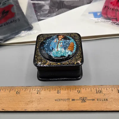 LOT 128: Two Silk Scarves Made in Italy in Original Packaging, Black Lacquer Trinket Box, Stratton Pill Box and Mirror Compact, and 4...