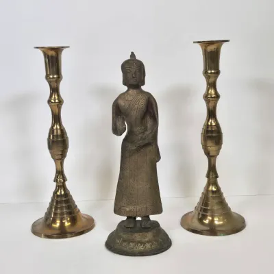 LOT 47: Southeast Asian Standing Metal Buddha Statue and Pair of Candlestick Holders