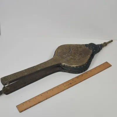 LOT 58: 2 Vintage Coiled Brass Hunting Horns and Fireplace Bellows Crafted from Wood and Brass