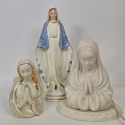 LOT 49: Ceramic Madonna Planter Figurine, Praying Mary Lamp, and Our Lady of Grace Figurine