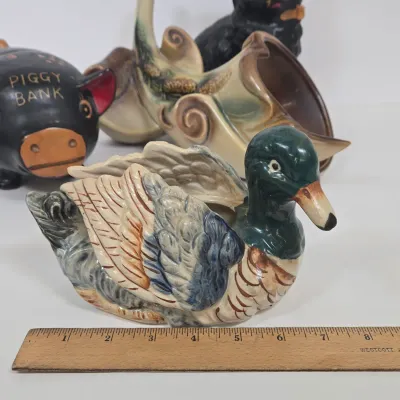 LOT 46: Vintage Hand-painted Ceramic Mallard Duck Planter Made in Occupied Japan, Hull Art Pottery Parchment & Pine Cornucopia Vase...