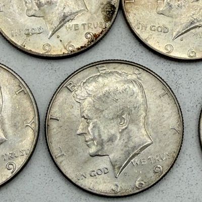 LOT 173: Kennedy Half Dollar Coins (10) 1968, 1969 - 40% Silver