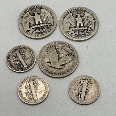 LOT 170: Vintage / Antique US Coins - Standing Liberty and 1930s Washington Quarters + Mercury Dimes - 90% Silver