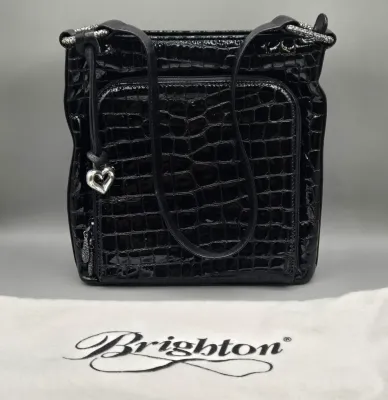 LOT 152: Black Patent Leather Crocodile-embossed Brighton Sonny Shoulder Bag