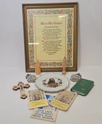 LOT 53: "Bless This House" Wall Art Print, Pair of Holy Water Fonts, Decorative Wall Plate Featuring Jesus Christ, Handcrafted...