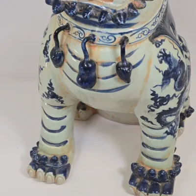 LOT 66: Large Nanking Blue and White Porcelain Chinese Foo Dog / 24" Tall