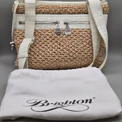 LOT 158: Brighton Woven Straw Shoulder Bag Featuring White Croc-embossed Leather Trim